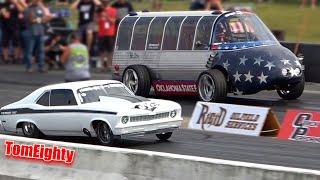 FarmTruck drag races the Gonorail against a white Nova at Outlaw Armageddon 2019