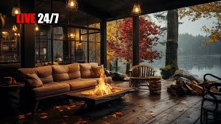 Autumn Cozy Lake House Porch in Rainy Morning with Bonfire and Fall Ambience For Sleep