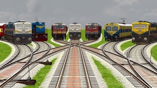 7 INDIAN TRAINS CROSSING AT DIAMOND CURVED RAILROAD TRACKS | Train Simulator | Railroad Crossing