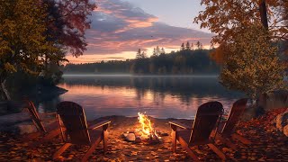 Lakeside Campfire | Relaxing Fireplace Sounds & Lakeside Waves | Sunset Landscape for Calm, Sleep