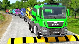 Double Flatbed Trailer Truck vs speed bumps|Busses vs speed bumps|Beamng Drive|BEAMNG4K#27