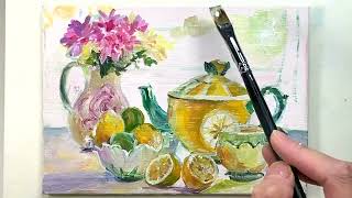 Lemon & Flowers/Easy Expressive Still Life Acrylic Painting Tutorial For Beginners Step By Step #415