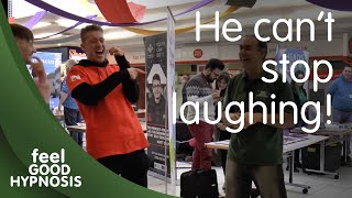 Hypnotised guy can't stop laughing during street hypnosis skit as we talk about hypnotic anchoring