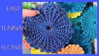 How To Crochet A Super Easy Tunisian Flower/ Beginner Crochet Tunisian No Curling