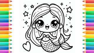 How to Draw a Mermaid Princess for Kids 💜💚💖Mermaid Princess Drawing and Coloring  #drawsocute