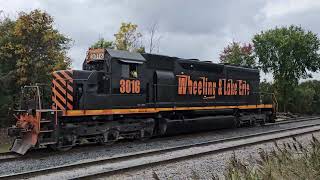 W&LE local #3016 rolls light eastbound on the main through Medina Ohio 10-6-2023