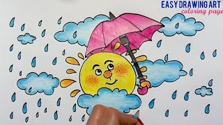 how to draw cute sun in the sky in rainy weather coloring page || rainy season scenery drawing