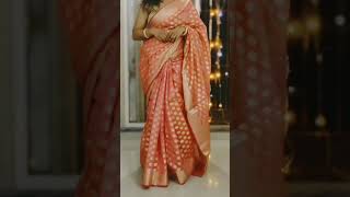 Peach chanderi saree with golden readymade sleeveless blouse | How to drape a saree? #sareehaul