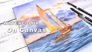 Painting Watercolor On Canvas - How To Paint Sunset And A Boat