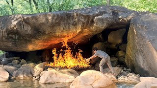 I Turned An Underground Stone Cave Into A Warm Survival Shelter With A Fireplace, Catch And Cook