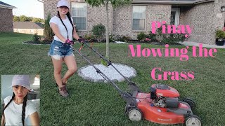 How to mow the grass  with self propelled lawn mower. A woman mower