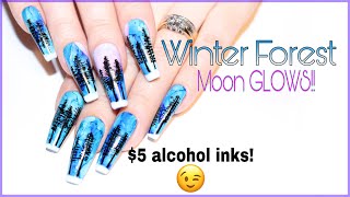 Winter Forest with Glowing Moon ($5 alcohol inks)| 12 Days of Christmas Nails Day 9