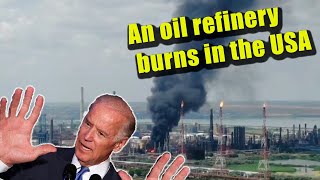 An oil refinery burns in the USA