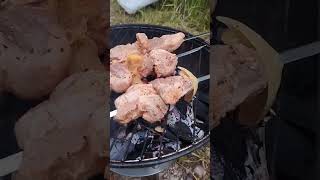 grilling pickled meat next to a lake