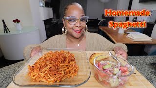 EATING TASHA'S FAVORITE MEAL - HOMEMADE SPAGHETTI MUKBANG ( CUCUMBER SALAD RECIPE)