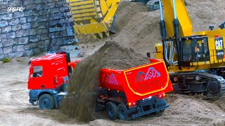 BIG CATERPILLAR RC MINING EXCAVATOR LOADING RC TRUCKS AND TRACTORS - REMOTE RC EQUIPMENT CARS