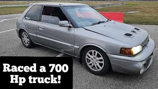 Raced a 700 HP AWD F150 in the MAZDA FAMILIA I built!