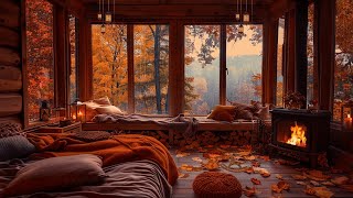 Tranquil rain sounds in an autumn cabin, with relaxing piano and a crackling fireplace for sleep