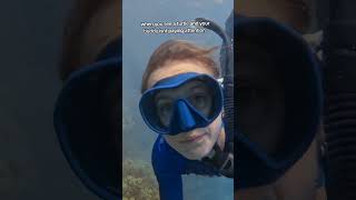 Female free diver trying to get her Buddy's attention underwater