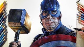 Drawing Captain America with Mjolnir | Fame Art