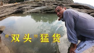 几十米悬崖下的浑浊水坑，没抽干整个水坑都红了，竟有"双头"猛货