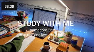 1-HR STUDY WITH ME | relaxing rain, pomodoro 25/5 timer + bell, real time