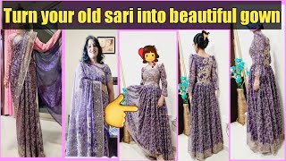 Turn an old sari into beautiful gown / old saree reuse idea | how to make a gown from old saree #diy