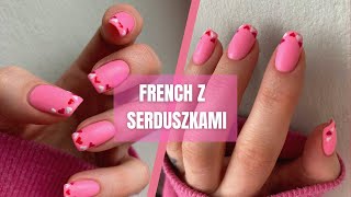 Różowe Paznokcie i French z Serduszkami na Walentynki używając lakieru hybrydowego Mylee