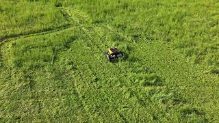 Aerial view of robotic automated lawn mower machine cutting green grass, drone shot FREE STOCK VIDEO