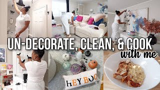 FALL DECOR TAKE DOWN! UN-DECORATE & CLEAN WITH ME, CLEANING MOTIVATION, ONE PAN MEAL COOK WITH ME