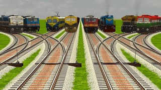 8 INDIAN TRAINS CROSSING ON CURVED DIAMOND RAILROAD TRACKS | Train Simulator | Railroad Crossing