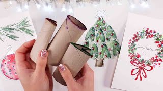 🎄How to Paint 3 EASY Watercolour Christmas Cards Tutorial using toilet paper rolls !