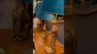 Antique Gold Parrot Table Lamp with Teal Velvet Shade