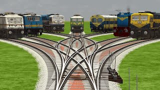 SEVEN TRAINS CROSSING AT SINGLE CURVED BRANCHED 3D RAILROAD CROSSING TRACKS |Train Simulator