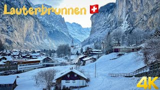 Lauterbrunnen, Switzerland, Snowy Relaxing walk in Winter Wonderland 4K - A paradise of Earth