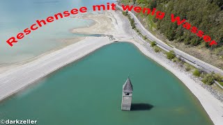 Reschensee, Südtirol mit niedrigen Wasserstand, Drone 5,4K Video