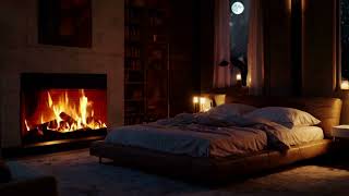 4K ASMR Cosy Ambience, Bedroom, Fireplace, Night, Moon, Crackling Fire - Relaxing Live Wallpaper