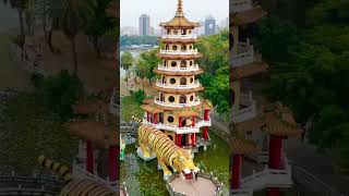 Pagoda Temple with seven Story tiered tower at lotus lake, Kaohsiung Taiwan Drone view