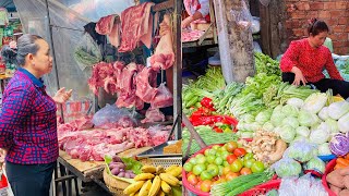 Cambodian Routine Food & Lifestyle in Morning Market- Vegetables, Fish, Chicken, Snacks, Soup & more