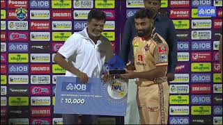 IOB Presenting the Most dependable player of the match award post the LKK vs CSG match of TNPL 2024