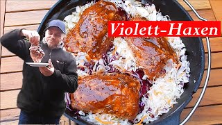 Bier - Haxe / Eisbein in Violett Farbe. Haxen - mal anders. Dutch Oven Rezepte. One Pot