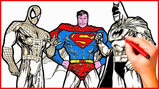 ⭐ Coloring Superheroes: Superman, Batman, and Spiderman | Superhero Friends Painting Video