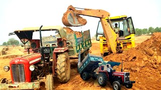 Jcb and Tractor Working Loading Mud in Massey and John Deere Tractor with Trolley | Jcb and Tractor