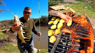 PESCA Y COCINA en Rincón del Cinto, chancho asado y bagres moncholo grande, pesca de bagres