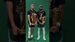 Jason Tatum and Jaylen Brown pose for a picture w/ the trophy after winning the NBA CHAMPION #shorts