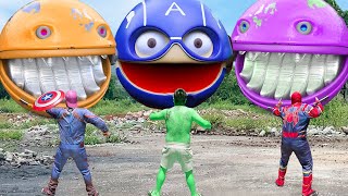 Pacman in real life Transformation VS SuperMan, Spiderman, Captain america, Hulk Transformation