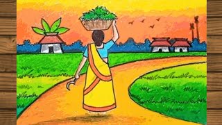 How To Draw Village Scenery।।Easy village scenery।। sunsets village scenery।। Easy Scenery Drawing