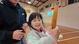 The hardest and most important thing to learn in badminton, and that is the V grip - forehand grip