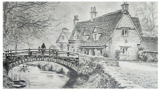 How To Draw Cottage House And Bridge In A Beautiful Scenery Pencil Art