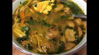 Суп с курицей грибами и лапшой   Soup with chicken mushrooms and noodles